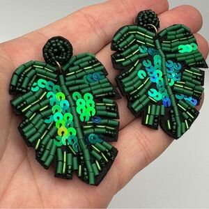 Shaleah Corvette Green Monstera Beaded Statement Earrings